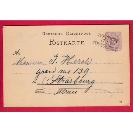 ALSACE LORRAINE ENTIER 5PF AMBULANT AVRICOURT STRASBOURG BAS RHIN LETTRE COVER