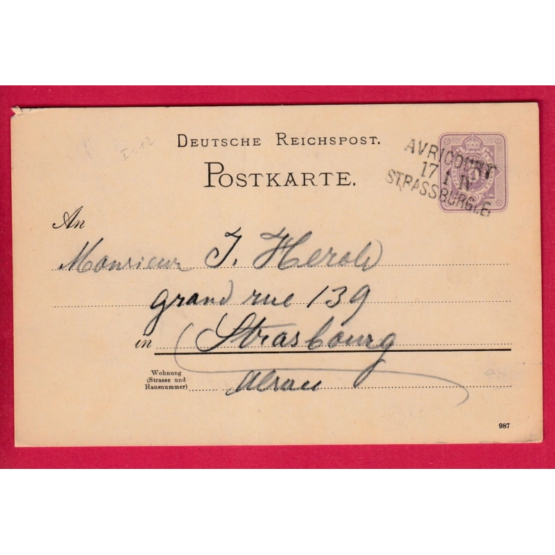 ALSACE LORRAINE ENTIER 5PF AMBULANT AVRICOURT STRASBOURG BAS RHIN LETTRE COVER