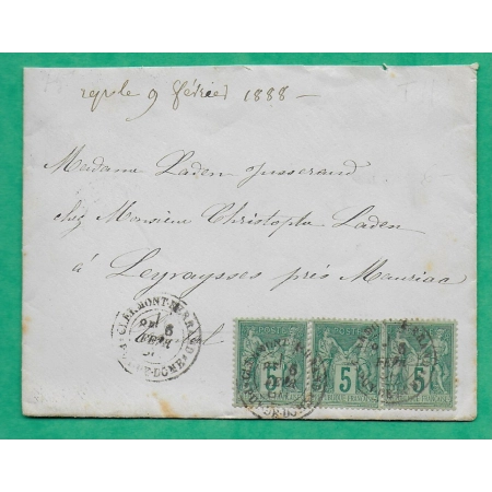 N°75 BANDE DE 3 SAGE CAD TYPE 18 CLERMONT FERRAND PUY DE DOME POUR MAURIAC CANTAL 1888 LETTRE COVER FRANCE
