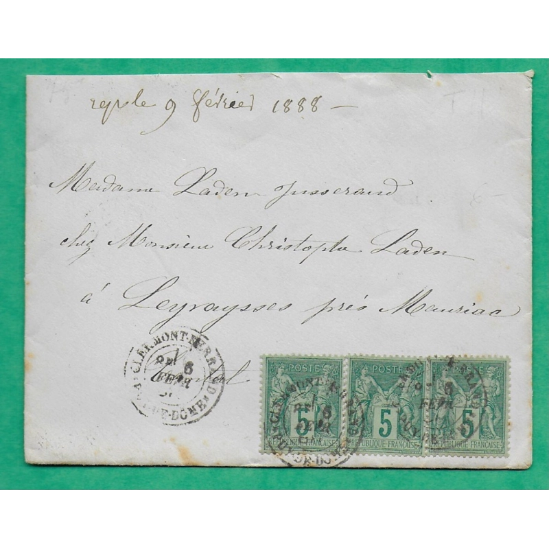 N°75 BANDE DE 3 SAGE CAD TYPE 18 CLERMONT FERRAND PUY DE DOME POUR MAURIAC CANTAL 1888 LETTRE COVER FRANCE
