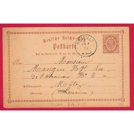 ALSACE LORRAINE ENTIER 1/2 GR REMILLY MOSELLE 1874 POUR METZ LETTRE COVER