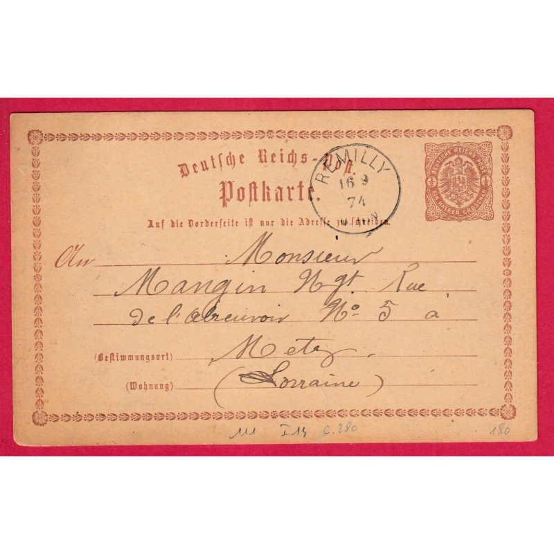 ALSACE LORRAINE ENTIER 1/2 GR REMILLY MOSELLE 1874 POUR METZ LETTRE COVER
