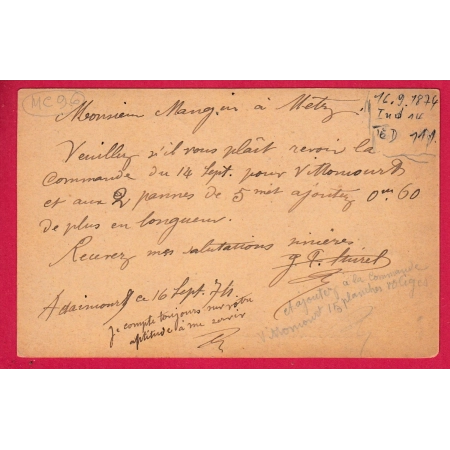 ALSACE LORRAINE ENTIER 1/2 GR REMILLY MOSELLE 1874 POUR METZ LETTRE COVER