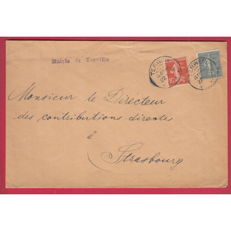ALSACE LORRAINE N°135 130 TERVILLE TERWEM MOSELLE 1919 CACHET ALLEMAND POUR STRASBOURG ALLEMAGNE LETTRE COVER