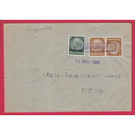 ALSACE LORRAINE VERGAVILLE MOSELLE 11 MARS 1941 POUR METZ LOTHRINGEN LETTRE COVER