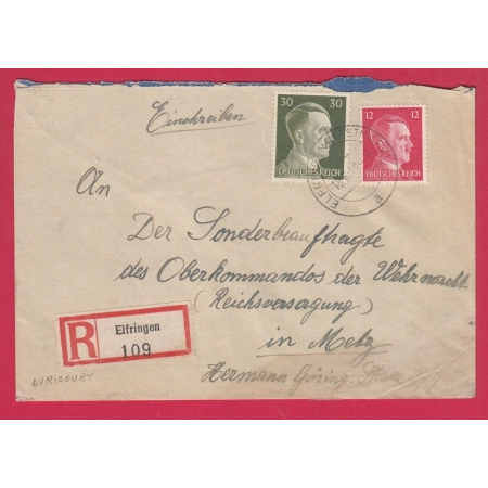 ALSACE LORRAINE AVRICOURT MOSELLE RECOMMANDE 1942 TIMBRES HITLER POUR METZ LETTRE COVER