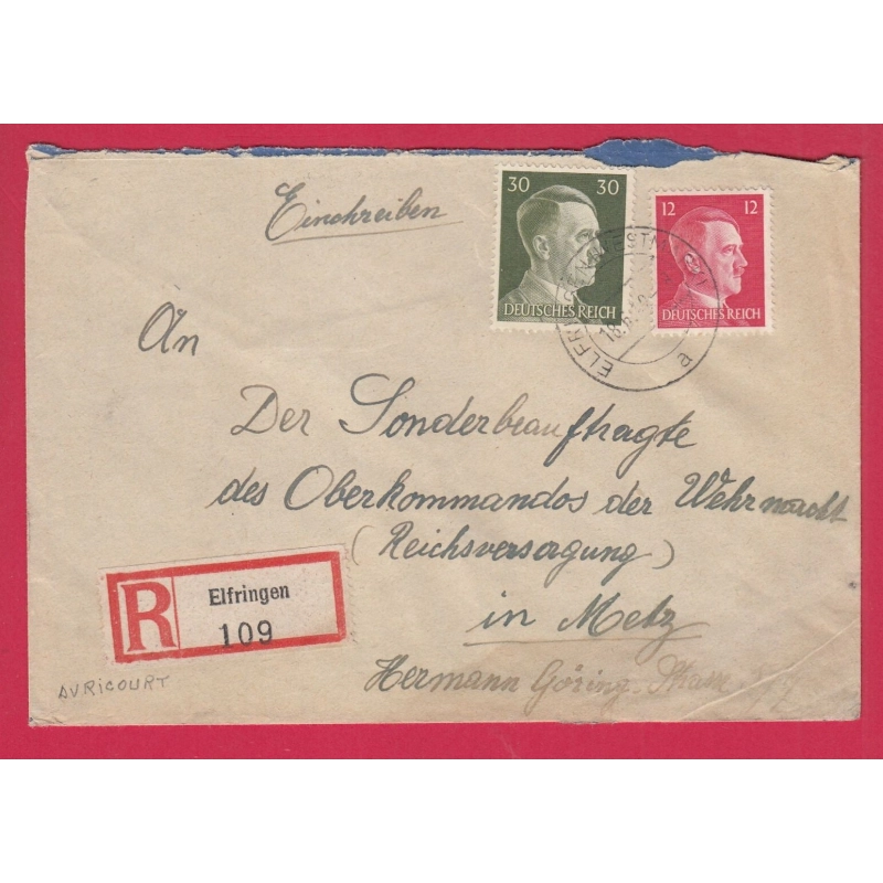 ALSACE LORRAINE AVRICOURT MOSELLE RECOMMANDE 1942 TIMBRES HITLER POUR METZ LETTRE COVER