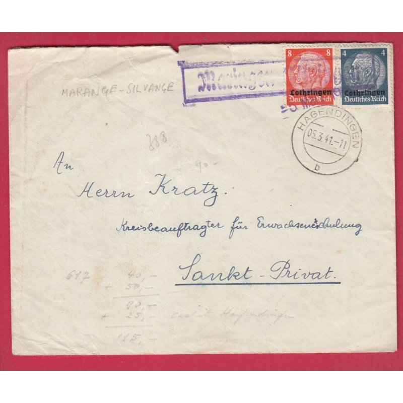 ALSACE LORRAINE MARANGE SILVANGE MOSELLE 1941 LOTHRINGEN SAINT PRIVAT LETTRE COVER