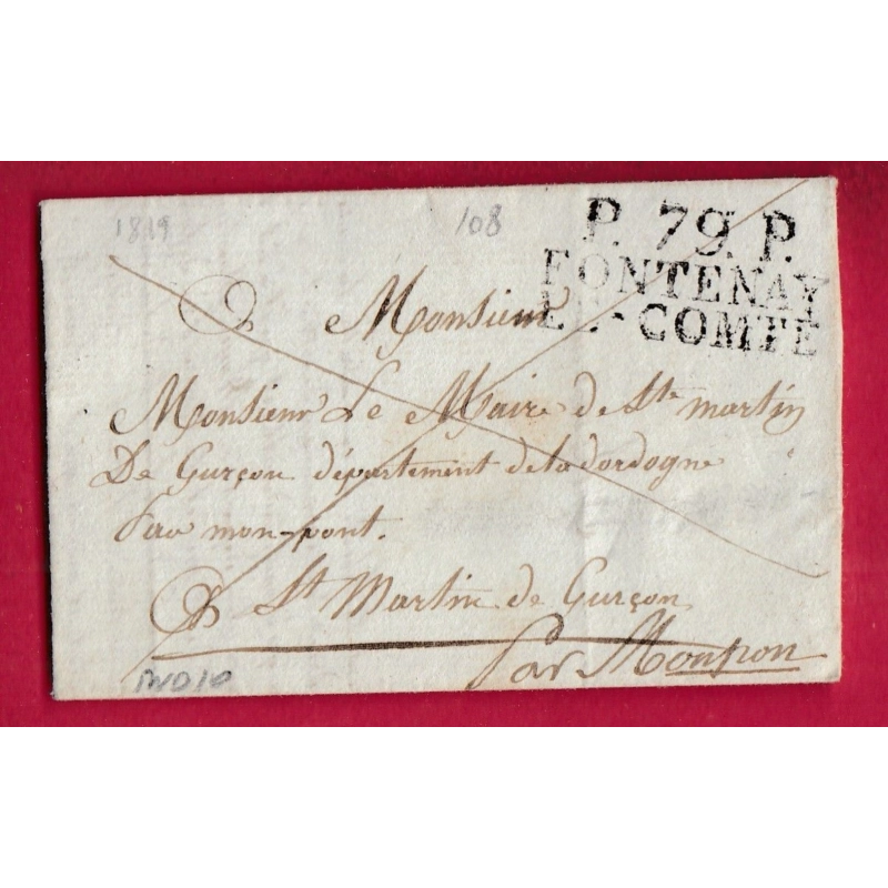 MARQUE P79P FONTENAY LE COMTE VENDEE 1819 POUR ST MARTIN DE GURCON GURSON DORDOGNE LETTRE COVER