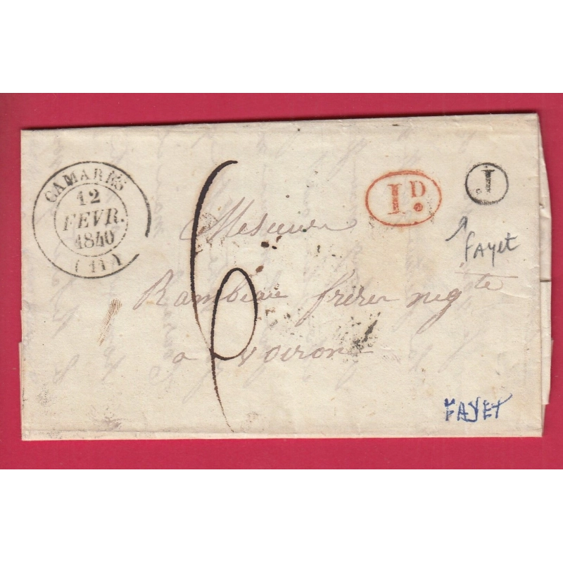 CAD TYPE 14 CAMARES AVEYRON BOITE RURALE J FAYET DECIME RURAL POUR VOIRON ISERE 1840 LETTRE COVER