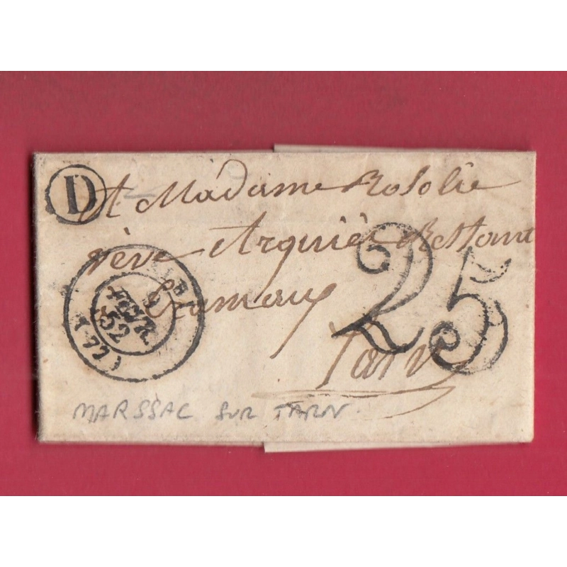 CAD TYPE 15 ALBI TARN BOITE RURALE D MARSSAC SUR TARN 1852 POUR CARMAUX LETTRE COVER