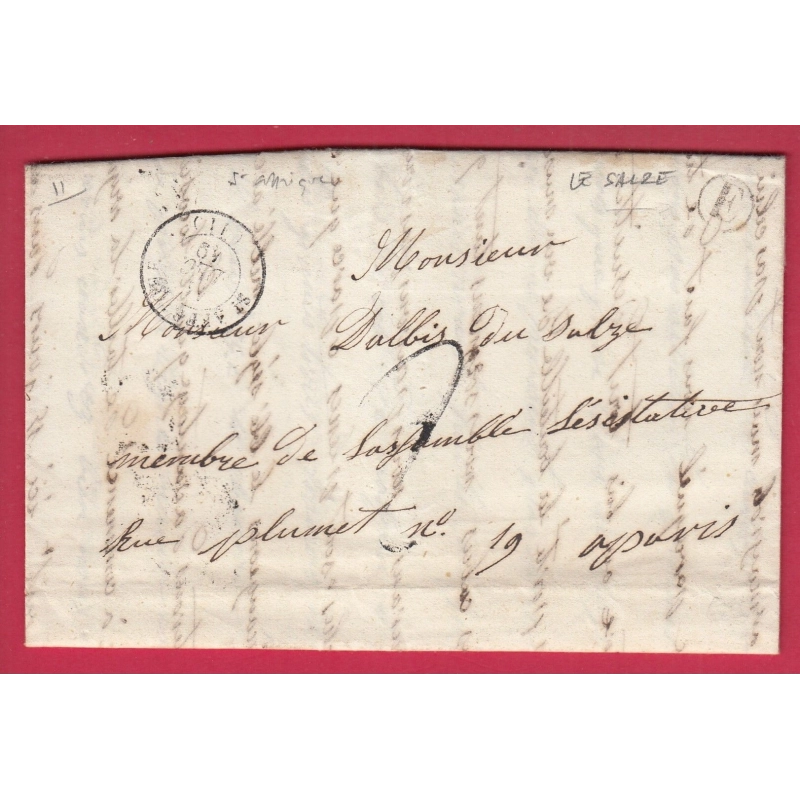 CAD TYPE 15 ST AFFRIQUE AVEYRON BOITE RURALE E SALZE POUR PARIS 1849 LETTRE COVER