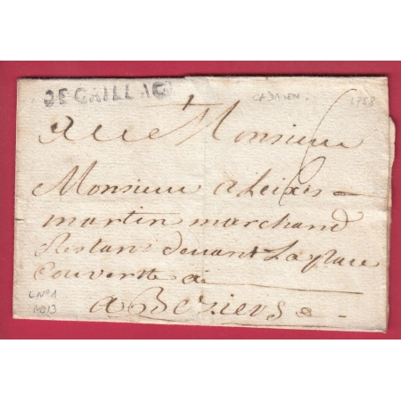 MARQUE DE GAILLAC TARN LENAIN N°1 1758 INDICE 13 POUR BEZIERS HERAULT TEXTE DE CADALEN LETTRE COVER