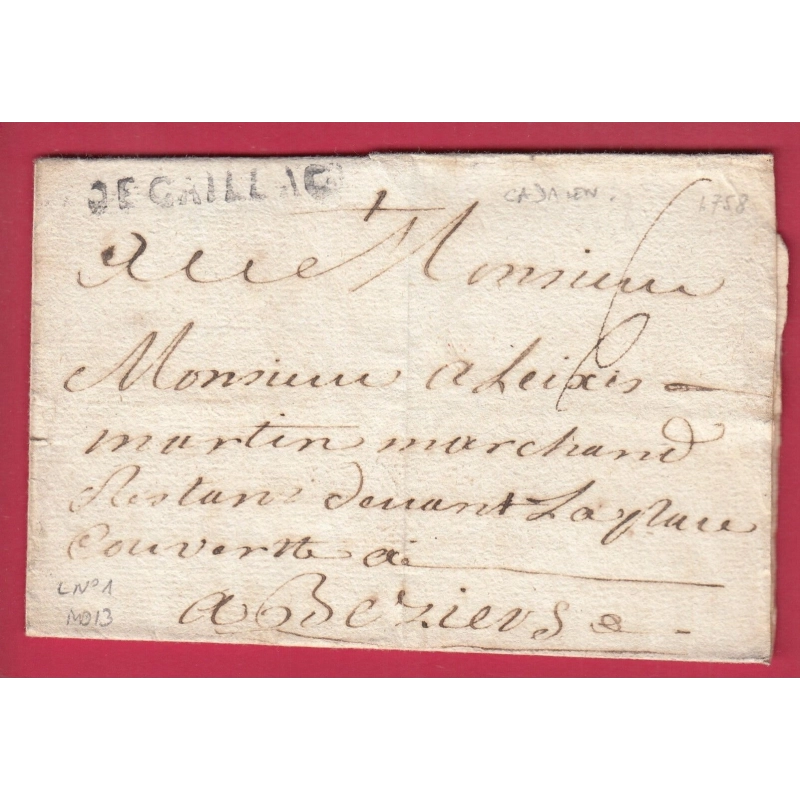 MARQUE DE GAILLAC TARN LENAIN N°1 1758 INDICE 13 POUR BEZIERS HERAULT TEXTE DE CADALEN LETTRE COVER