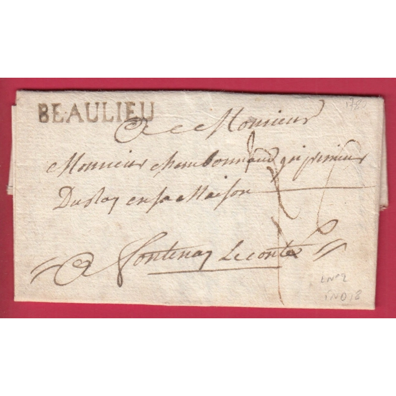 MARQUE BEAULIEU VENDEE LENAIN N°2 INDICE 18 TAXE MODIFIEE 1780 FONTENAY LE COMTE LETTRE COVER