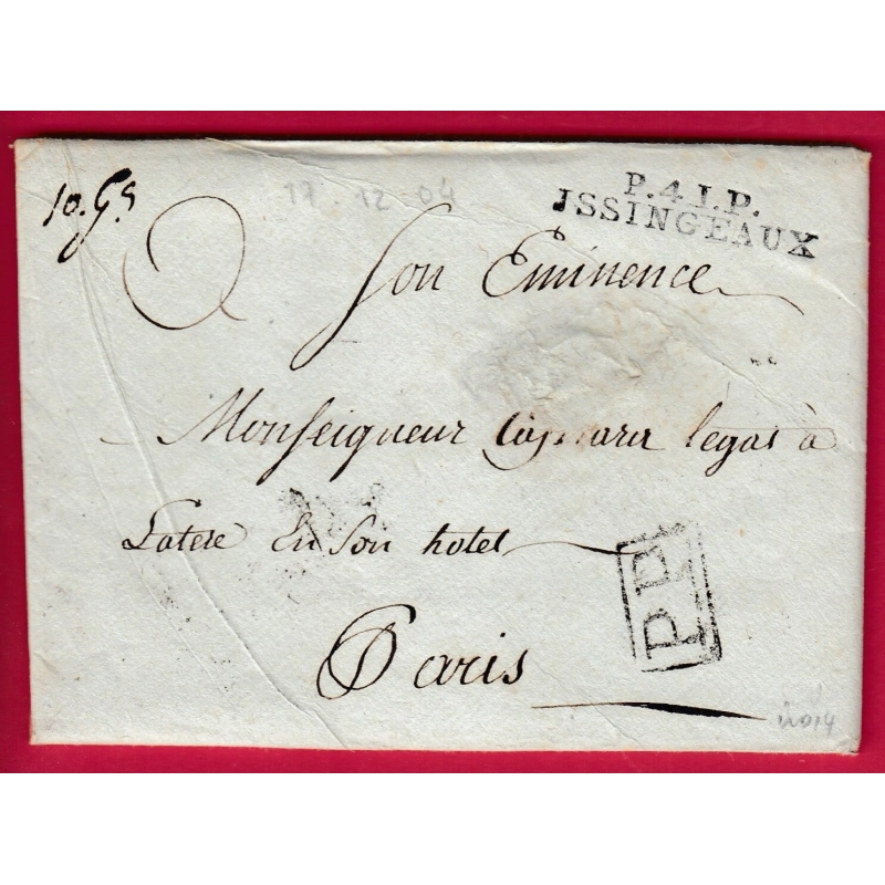 MARQUE P41P YSSENGEAUX HAUTE LOIRE 1804 PP ENCADRE POUR PARIS INDICE 14 LETTRE COVER
