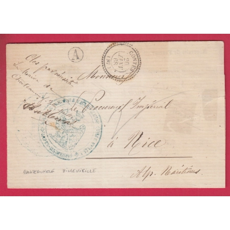 CAD TYPE 22 CONTES ALPES MARITIMES BOITE RURALE A CHATEAUNEUF VILLEVIEILLE FRANCHISE 1868 POUR NICE LETTRE COVER