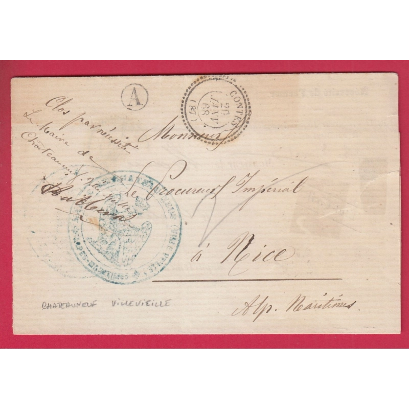 CAD TYPE 22 CONTES ALPES MARITIMES BOITE RURALE A CHATEAUNEUF VILLEVIEILLE FRANCHISE 1868 POUR NICE LETTRE COVER