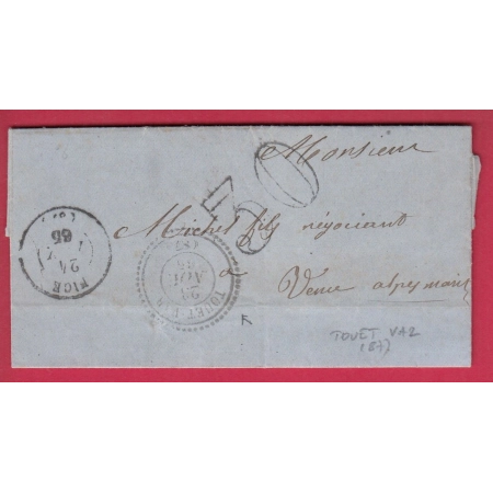 CAD TYPE 22 TOUET VAR ALPES MARITIMES 1865 + T15 NICE TAXE TAMPON 30 POUR VENCE INDICE 19 LETTRE COVER