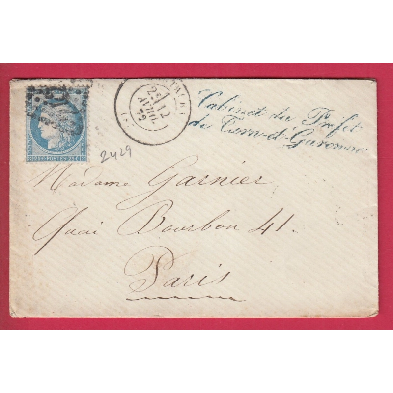 N°60 GC 2429 MONTAUBAN TARN ET GARONNE GRIFFE LE CABINET DU PREFET POUR PARIS LETTRE COVER