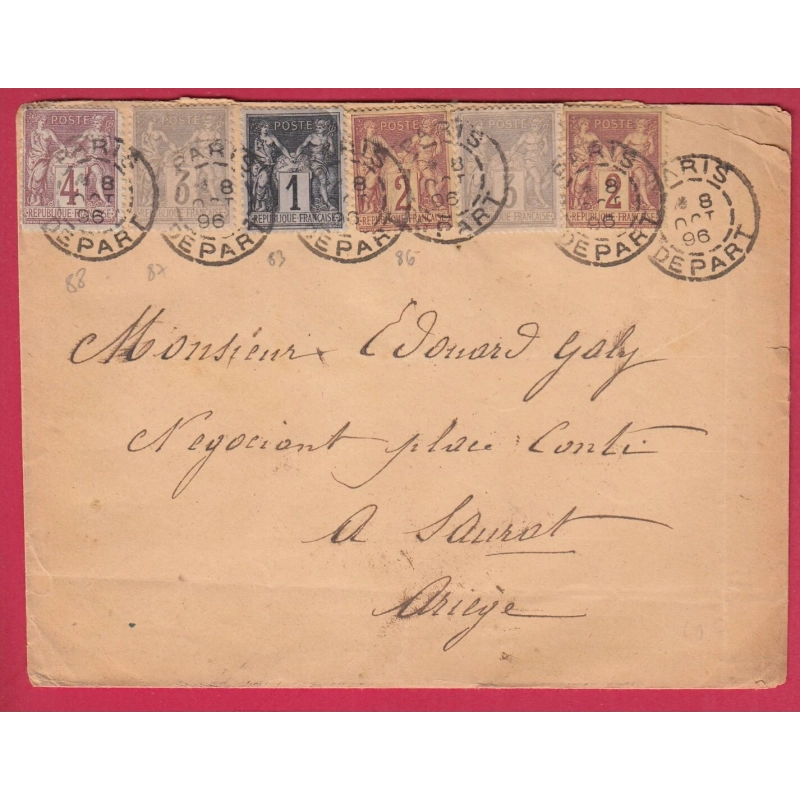 N°83 86 87 88 PARIS DEPART 1896 POUR SAURAT ARIEGE LETTRE COVER