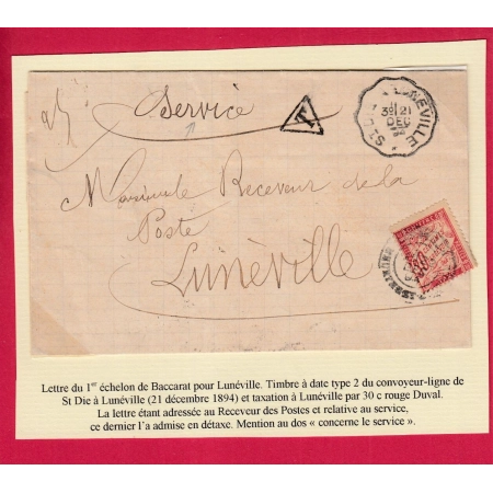 TAXE N°33 LETTRE NON AFFRANCHIE  CONVOYEUR LIGNE ST DIE LUNEVILLE MEURTHE ET MOSELLE DETAXE MENTION SERVICE AU DOS
