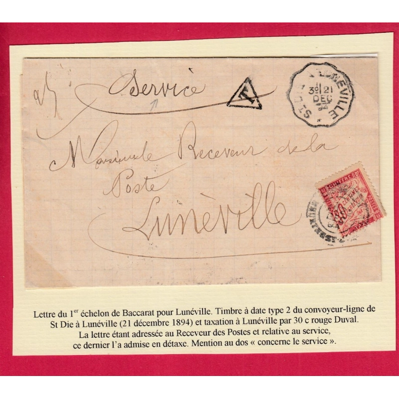 TAXE N°33 LETTRE NON AFFRANCHIE  CONVOYEUR LIGNE ST DIE LUNEVILLE MEURTHE ET MOSELLE DETAXE MENTION SERVICE AU DOS