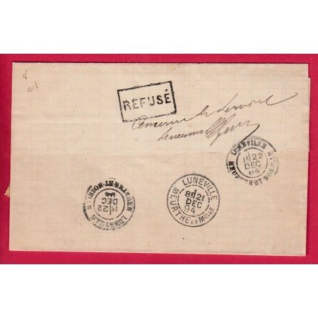 TAXE N°33 LETTRE NON AFFRANCHIE  CONVOYEUR LIGNE ST DIE LUNEVILLE MEURTHE ET MOSELLE DETAXE MENTION SERVICE AU DOS
