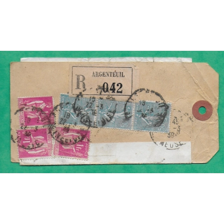 N°362 x3 + 369 x3 MIXTE SEMEUSE PAIX ETIQUETTE DE COLIS RECOMMANDE OPR ARGENTEUIL POUR COMMERCY MEUSE 1939 COVER FRANCE