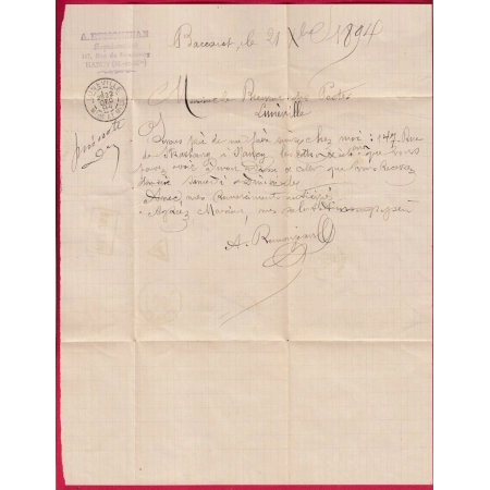 TAXE N°33 LETTRE NON AFFRANCHIE  CONVOYEUR LIGNE ST DIE LUNEVILLE MEURTHE ET MOSELLE DETAXE MENTION SERVICE AU DOS