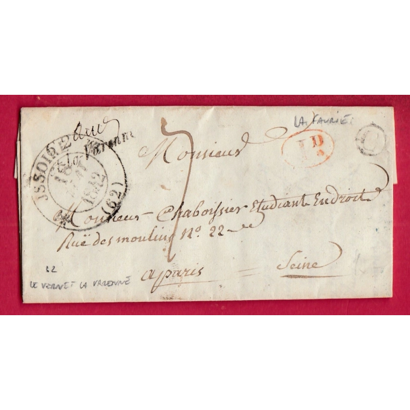 CURSIVE 62 LE VERNET LA VARENNE PUY DE DOME BOITE RURALE C LA FAURIE DECIME RURAL POUR PARIS 1842 LETTRE COVER
