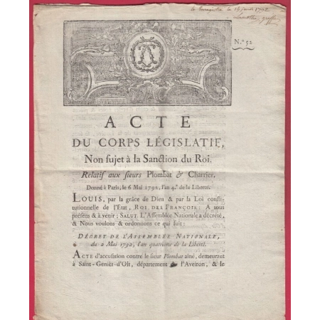 DECRET CORPS LEGISLATIF 1792 PLOMBAT ET CHARRIER NOTAIRE ST GENIES AVEYRON NASBINALS LOZERE SIGNE DURANTHON MINISTRE