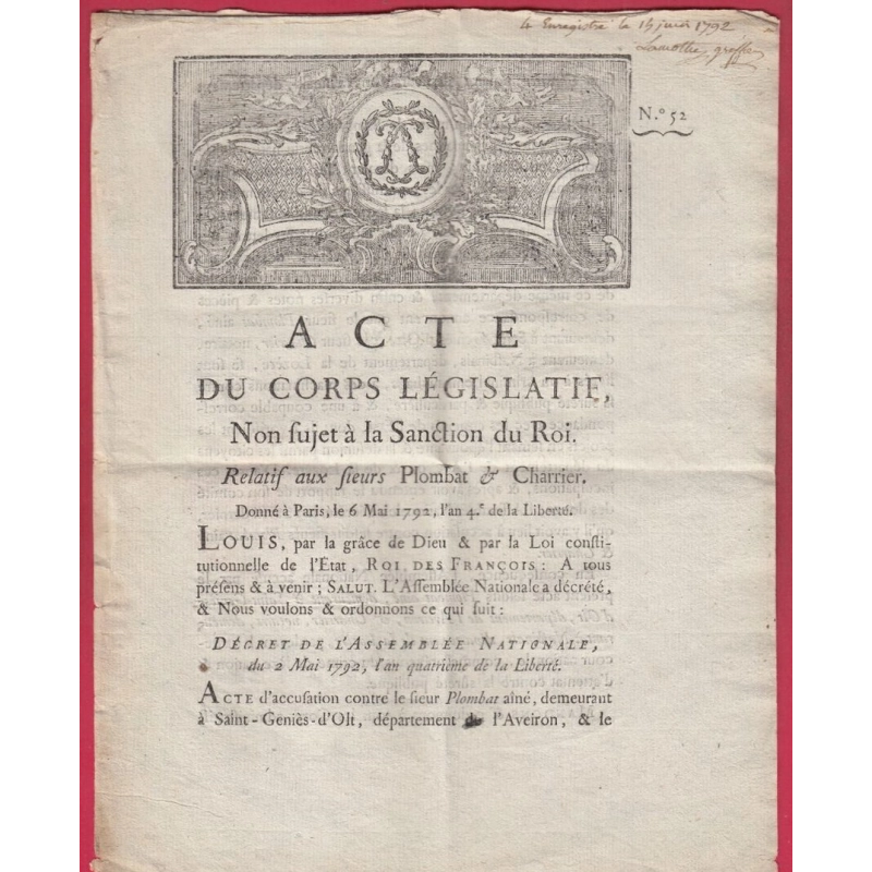 DECRET CORPS LEGISLATIF 1792 PLOMBAT ET CHARRIER NOTAIRE ST GENIES AVEYRON NASBINALS LOZERE SIGNE DURANTHON MINISTRE