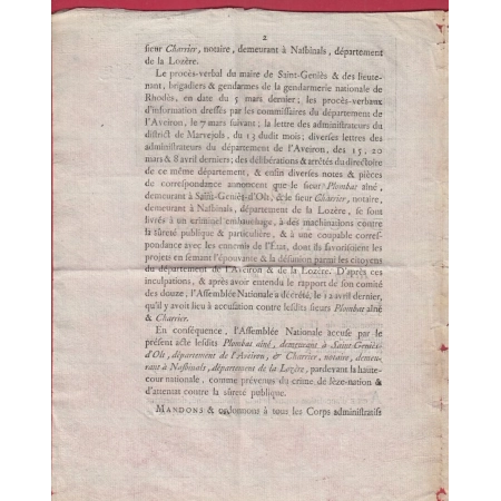 DECRET CORPS LEGISLATIF 1792 PLOMBAT ET CHARRIER NOTAIRE ST GENIES AVEYRON NASBINALS LOZERE SIGNE DURANTHON MINISTRE