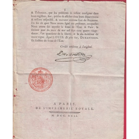 DECRET CORPS LEGISLATIF 1792 PLOMBAT ET CHARRIER NOTAIRE ST GENIES AVEYRON NASBINALS LOZERE SIGNE DURANTHON MINISTRE