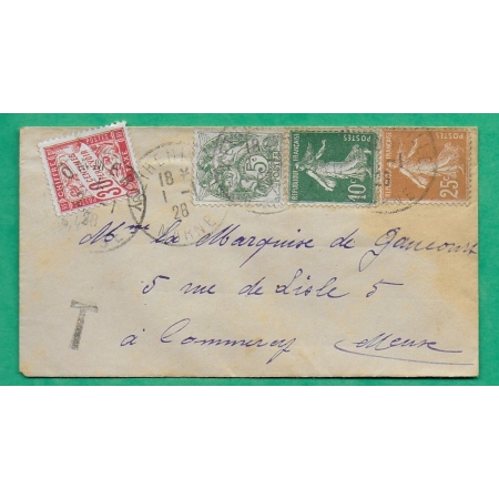 N°111 + 159 + 235 MIXTE BLANC SEMEUSE + TAXE DUVAL 30C ROUGE BETHENIVILLE MARNE POUR COMMERCY MEUSE 1928 COVER FRANCE