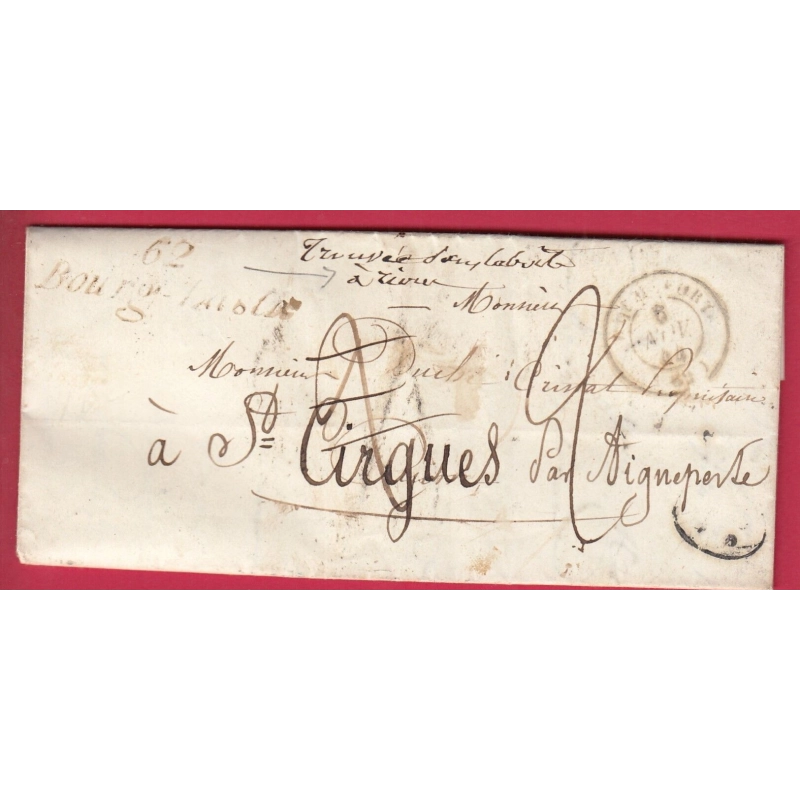 CURSIVE 62 BOURG LASTIC TAXE MODIFIE TROUVE A LA BOITE 1844 POUR ST CIRGUES PUY DE DOME LETTRE COVER