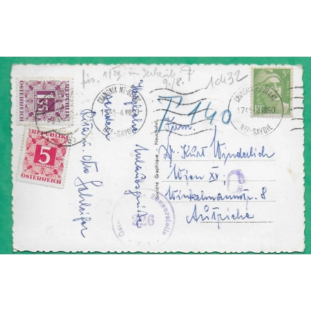 N°719 MARIANNE DE GANDON + TIMBRE TAXE AUTRICHIEN OSTERREICH CARTE POSTALE CHAMONIX FRANCE POUR VIENNE WIEN 1945