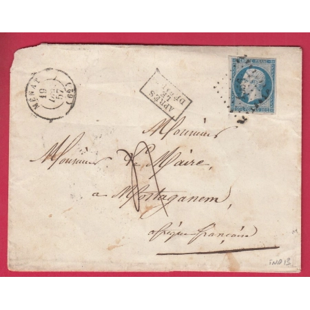 N°14 PC MENAT PUY DE DOME INDICE 13 TAXE 4 MANUSCRIT POUR MOSTAGANEM ALGERIE 1857 APRES LE DEPART LETTRE COVER