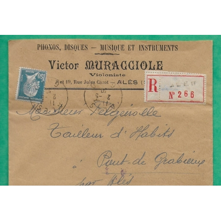 N°181 PASTEUR RECOMMANDE LOCAL PUB VICTOR MURACCIOLE VIOLONISTE MUSIQUE ALES GARD 1930 LETTRE COVER FRANCE