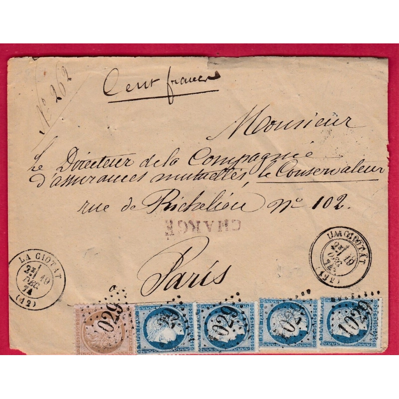N°58 60 X4 GC1029 LA CIOTAT BOUCHES DU RHONE LETTRE CHARGE POUR PARIS LETTRE COVER