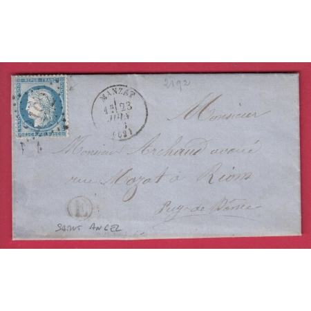 N°60 GC 2192 MANZAT CAD TYPE 16 PUY DE DOME BOITE RURALE E SAINT ANGEL POUR RIOM LETTRE COVER