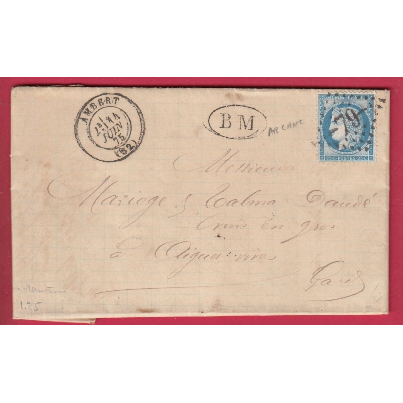 N°60 GC 79 AMBERT PUY DE DOME BM ARLANC POUR AIGUES VIVES GARD LETTRE COVER