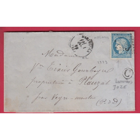 N°60 GC 2223 MARINGUES PUY DE DOME BOITE RURALE C JOZE POUR PLAUZAT BUREAU PASSE 2565 MOULINS ALLIER LETTRE COVER