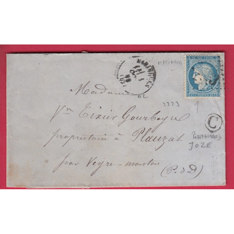 N°60 GC 2223 MARINGUES PUY DE DOME BOITE RURALE C JOZE POUR PLAUZAT BUREAU PASSE 2565 MOULINS ALLIER LETTRE COVER
