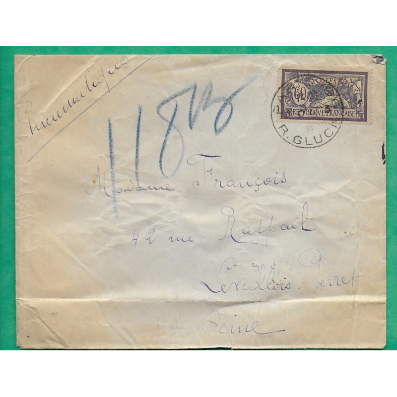 N°144 MERSON LETTRE PNEUMATIQUE PARIS RUE GLÜCK POUR LEVALLOIS PERRET 1923 LETTRE COVER FRANCE
