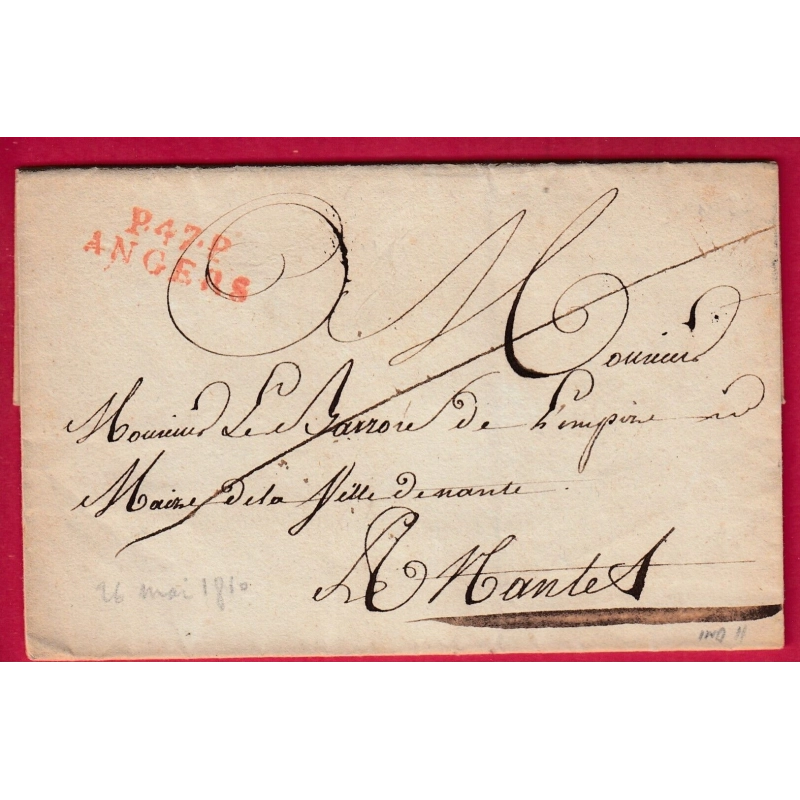 MARQUE P47P ANGERS MAINE ET LOIRE CACHET ARRIVE SPECIAL A NANTES LOIRE INFERIEURE 1810 LETTRE COVER