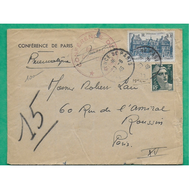 N°713 + 760 MARIANNE DE GANDON PNEUMATIQUE OBLITERATION TEMPORAIRE CONFERENCE DE PARIS 1946 LETTRE COVER FRANCE