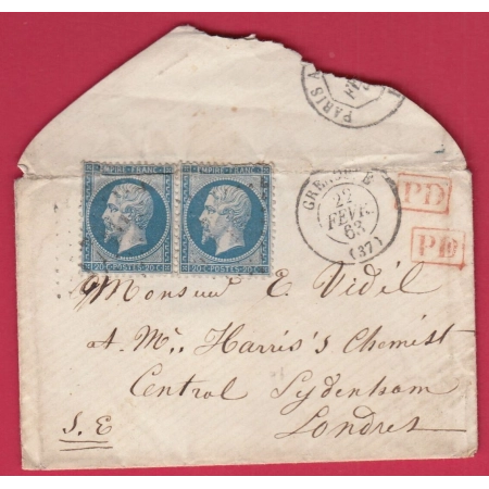 N°22 PAIRE GC GRENOBLE ISERE POUR LONDRES LONDON LETTRE COVER