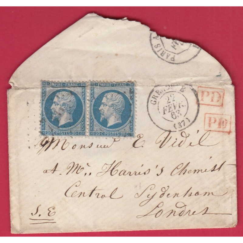 N°22 PAIRE GC GRENOBLE ISERE POUR LONDRES LONDON LETTRE COVER